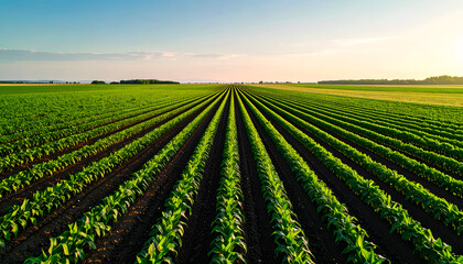 Rows of Green Abundance: An expansive landscape showcases rows of thriving crops stretching towards the horizon under a clear, bright sky, evoking feelings of growth and prosperity.