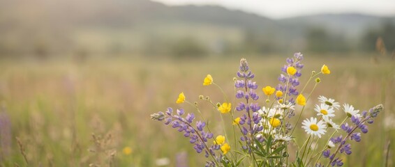 A beautiful bouquet of wildflowers in a lush green field, featuring daisies, yellow blooms, and purple lupines, bathed in soft, natural light.