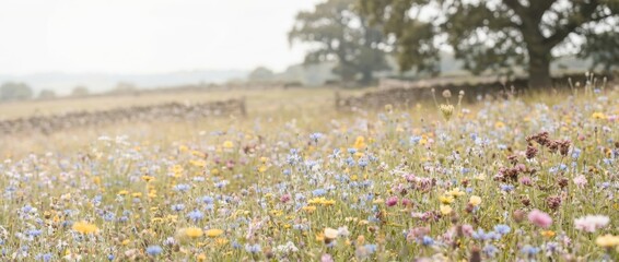 A serene meadow filled with colorful wildflowers, gently swaying under soft sunlight, surrounded by a rustic fence and trees in the background.