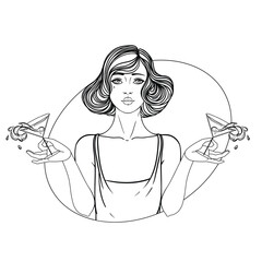 Black and white Art Deco vector illustration of a flapper girl in 1920s style. Clean outline drawing designed as a coloring page, perfect for creative projects, prints, and vintage-themed designs.