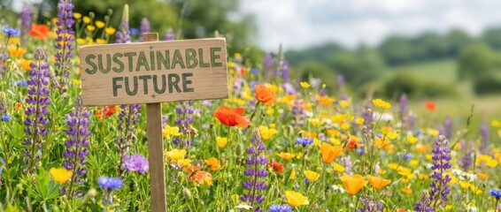 A vibrant wildflower field featuring a sign that reads "Sustainable Future," symbolizing eco-friendliness and environmental awareness.