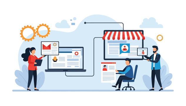 Digital business team manages online store processes marketing sales data flat illustration design