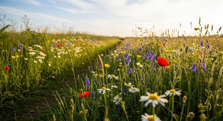 A vibrant field of wildflowers in bloom, featuring diverse colors and textures under a clear blue sky during golden hour.