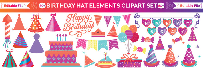 Set of birthday party design elements. Holiday hats, gifts, flags, glasses, confetti, cocktails, balloons and a tape recorder. Birthday party in retro style. © Ragena