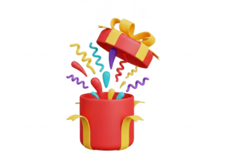 Red gift box with a yellow ribbon and colorful confetti popping out isolated on transparent background