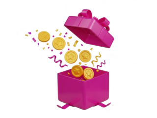 A pink gift box with coins and confetti coming out of it isolated on transparent background