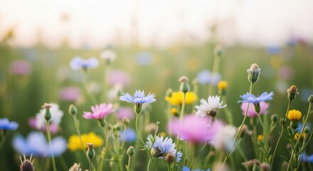 A vibrant field of wildflowers, showcasing a variety of colors and types, basking in soft sunlight.