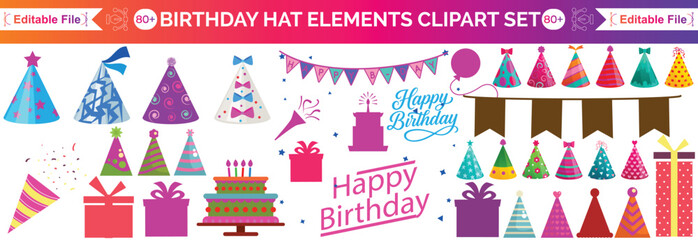 Set of birthday party design elements. Holiday hats, gifts, flags, glasses, confetti, cocktails, balloons and a tape recorder. Birthday party in retro style.