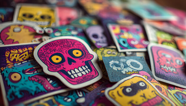 Pile of colorful stickers with cartoon skull, monster, abstract designs. Trendy vinyl decals for laptops, skateboards, notebooks. Fun, urban art for creative projects, scrapbooking, personalizing