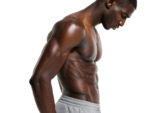 Athletic man's muscular torso and abs in gray sweatpants side profile, isolated on a transparent background - Powered by Adobe