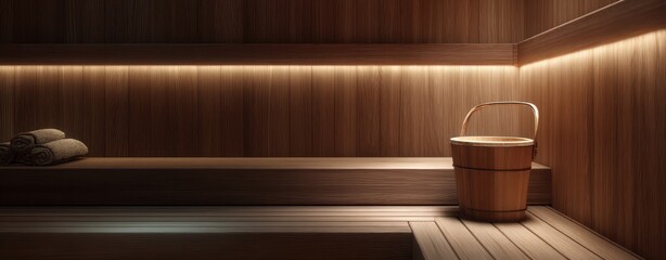 The Sauna Interior With Wooden Bucket, Benches, Ambient Lighting, and Rolled Towels