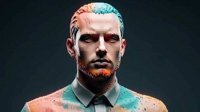 Abstract pixelated human face constructed from colorful voxels in a cinematic 3D animation, representing artificial intelligence and digital identity concepts.