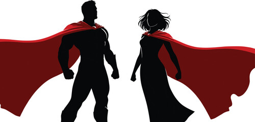 Vector illustration of superhero duo icon with red capes, silhouette style, power pose, and heroic design element © MstAlea