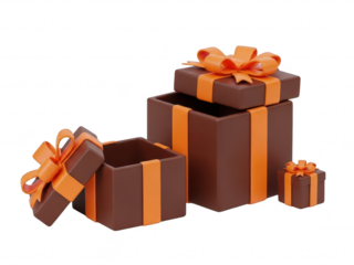 Brown gift boxes with orange ribbons and bows on a transparent background