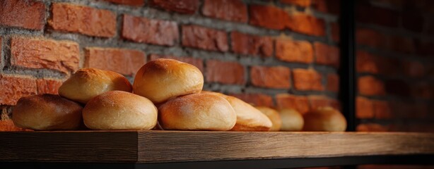 The bread rolls on wooden shelf against exposed brick wall with warm lighting