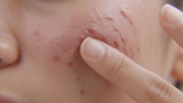 Macro close up of a woman touching inflamed red acne and scars on her textured cheek, illustrating dermatology and skincare problems