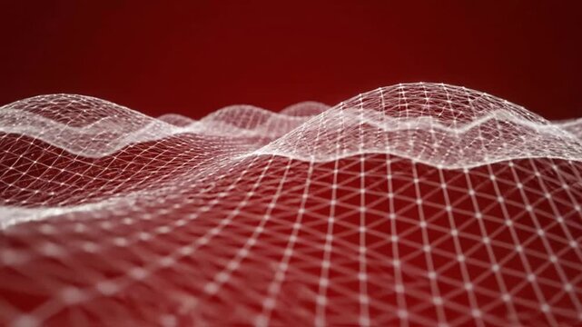 A 3D wireframe landscape undulates across the screen in muted tones, viewed from a low angle, resembling a futuristic terrain visualization in a digital environment.
