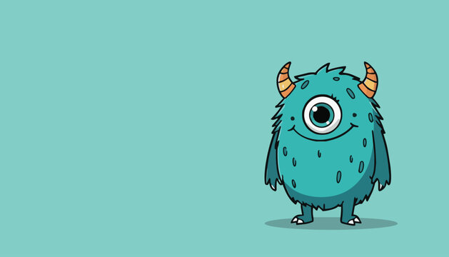 Cute one eyed fuzzy monster smiling with tiny horns and short arms, flat vector cartoon on pastel background, friendly fantasy creature illustration for kids, games and branding.