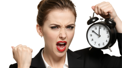 Frustrated Businesswoman Holding Alarm Clock