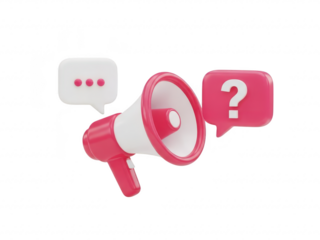 A red megaphone with a question mark and chat bubble on transparent background for communication or announcement