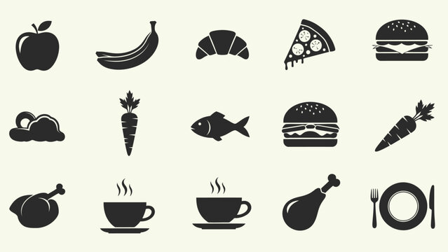 Assortment of food items in monochrome silhouette style, including fruits, fast food, and drinks, isolated bright background.