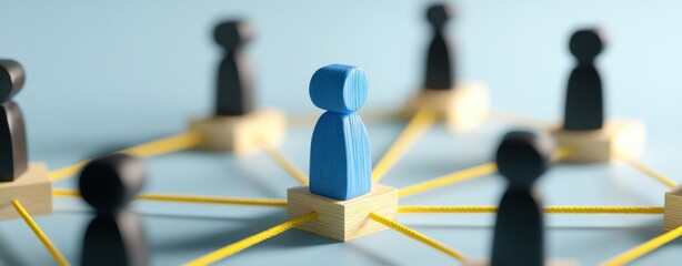 The blue wooden figure at center of connected network representing teamwork and leadership