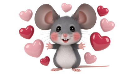 Cute cartoon mouse with big ears and heart symbols around smiling and cheerful isolated on transparent white background