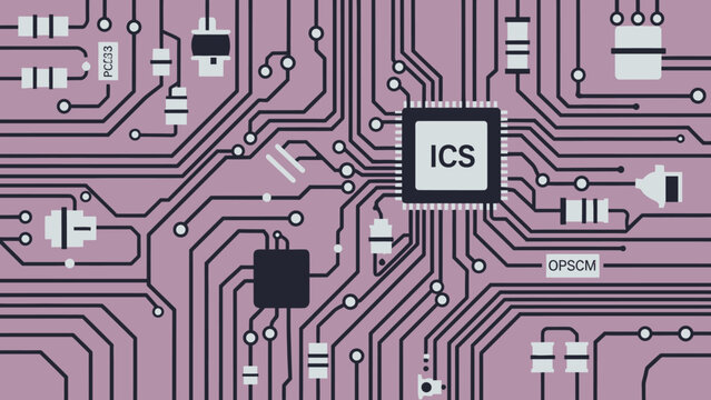 Detailed Purple Circuit Board with ICS Microchip and Electronic Components, representing modern technology and computing, in bright studio.