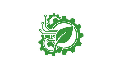 Green Eco-Technology Logo with Gear, Leaf, and Circuit Lines on Isolated White Background