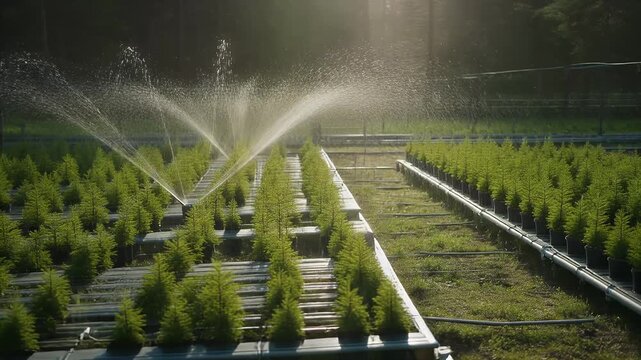 Automated Sprinkler System Watering Rows of Young Conifer Trees in a Nursery.
