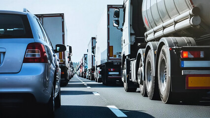 Busy highway featuring a row of trucks, with cars and a clear sky creating a dynamic transportation scene. © Diroxn