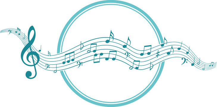 Musical notes on stave line art illustration with treble clef and circles, blue melody wave vector for concert poster, creative sound design.