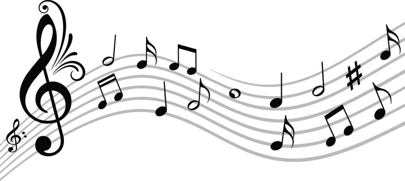 Musical notes on stave line art illustration with treble clef and symbols, black melody wave vector for concert poster, creative sound design.