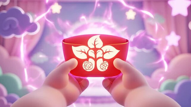 Video of Hands Holding Red Bowl With Leaf Logo.