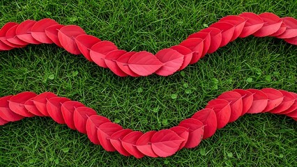 Vibrant Red Leaves Forming Wavy Pattern on Lush Green Grass Background