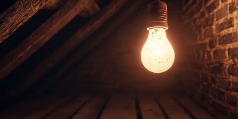 A dimly lit attic with a glowing incandescent light bulb hanging from the ceiling, highlighting the rustic wooden beams and brick walls.