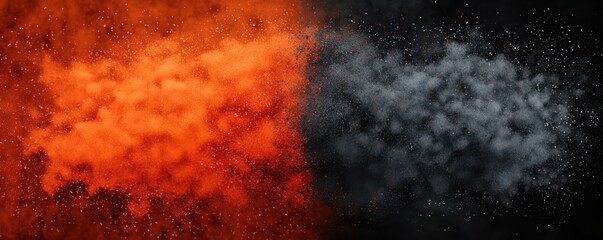 A vibrant explosion of orange and black powder creates a striking contrast, suggesting energy and dynamic movement.