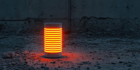 A glowing red cylindrical light stands on a textured surface, casting an eerie ambiance in a dimly lit environment.