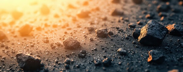 Close-up of rugged rocks on a dark surface, illuminated by warm sunlight, creating a dramatic contrast and texture.