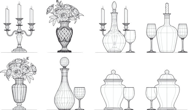 Elegant line art, meticulously depicts an assortment of sophisticated objects like vases, wine glasses, candle holders, and decanters. This offers a classic ambiance.