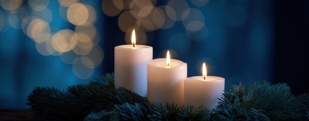 The Candles on Evergreen Branches Casting Warm Glow Against Festive Bokeh Lights