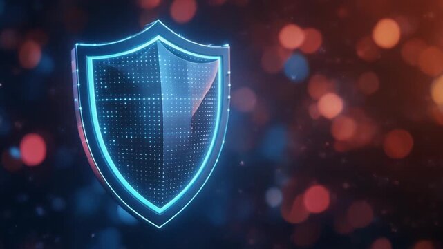 &ldquo;Digital shield glowing blue outline grid pattern red blue bokeh background cybersecurity protection defense&rdquo;