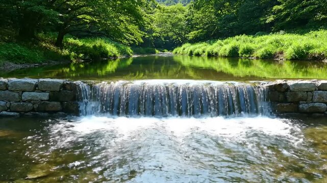 Nature's Serenity Overhead or drone shot revealing the patterns of water as it spills across the entire width of the weir.