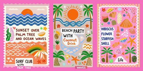 Tropical themed postcard collection featuring palm trees ocean waves and hibiscus flowers © Ranajit