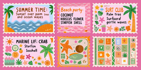 Colorful summer themed postcard designs with beach elements and tropical motifs © Ranajit