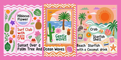 Tropical themed beach towels with hibiscus flowers palm trees and sunset designs