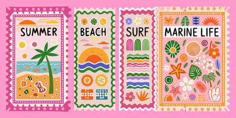 Colorful summer themed postage stamps with tropical and marine imagery © Ranajit