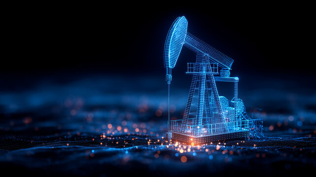 Holographic oil pumpjack on digital terrain representing energy production, drilling analytics and modern oilfield operations.
