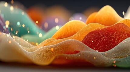 Soft, undulating abstract waves of color, with sparkling particles, creating a flowing design