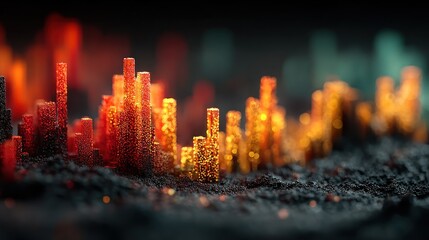 Abstract fiery landscape, glowing columns on dark terrain, blurred background